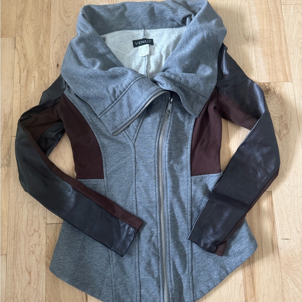 VENUS Women's Leather Jacket in Gray and Brown